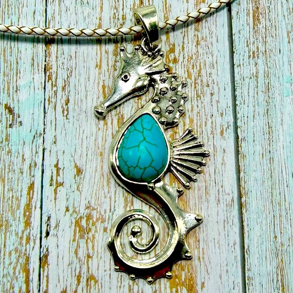 Handmade Nautical Seahorse Necklace with Turquoise & Magnetic Closure! - Picture 2 of 10